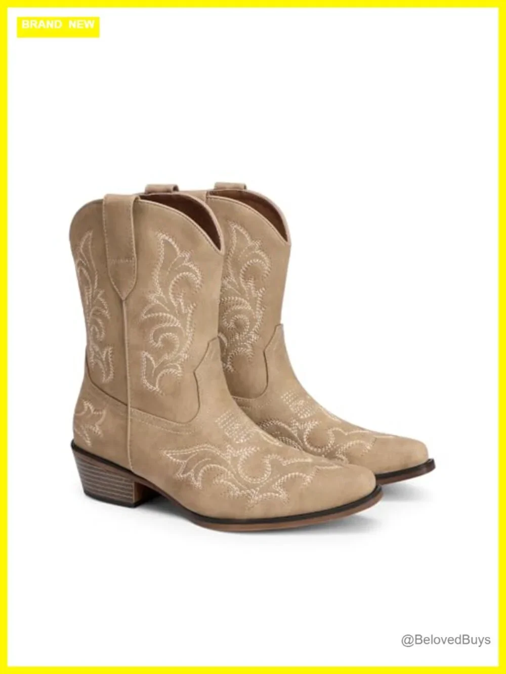 Vintage Western Ankle Boots Square Toe Chunky Heel Slip-On